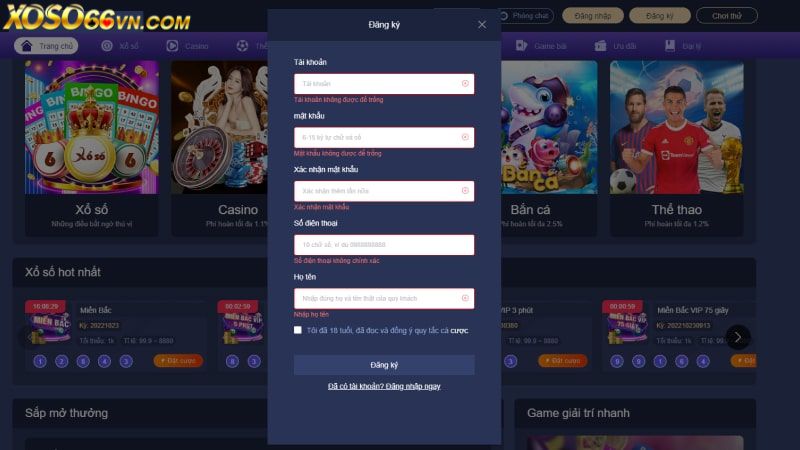 Form đăng ký tài khoản Xoso66